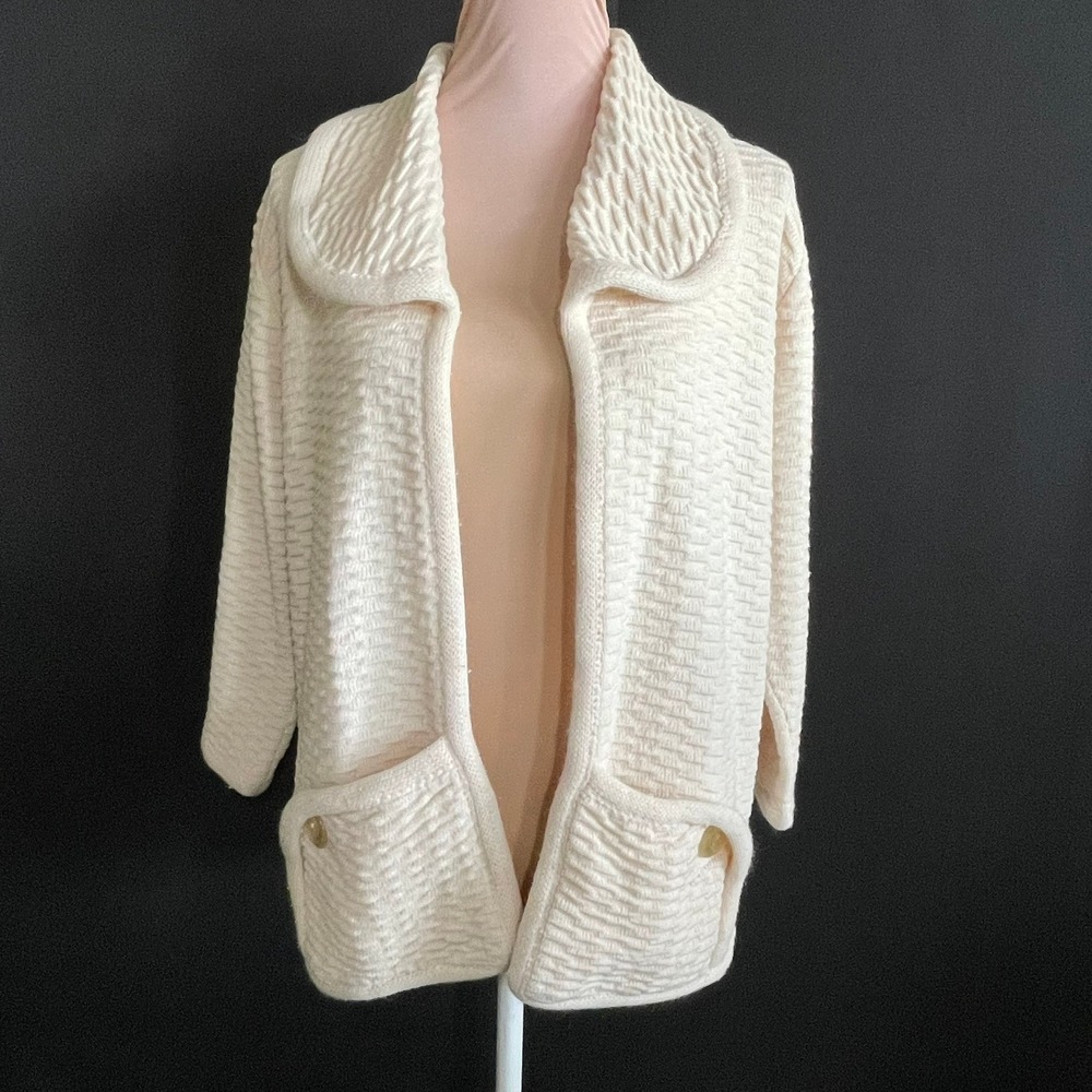 Adar of California Cardigan Women L Cream Good Vintage Textured Knit Open Front
